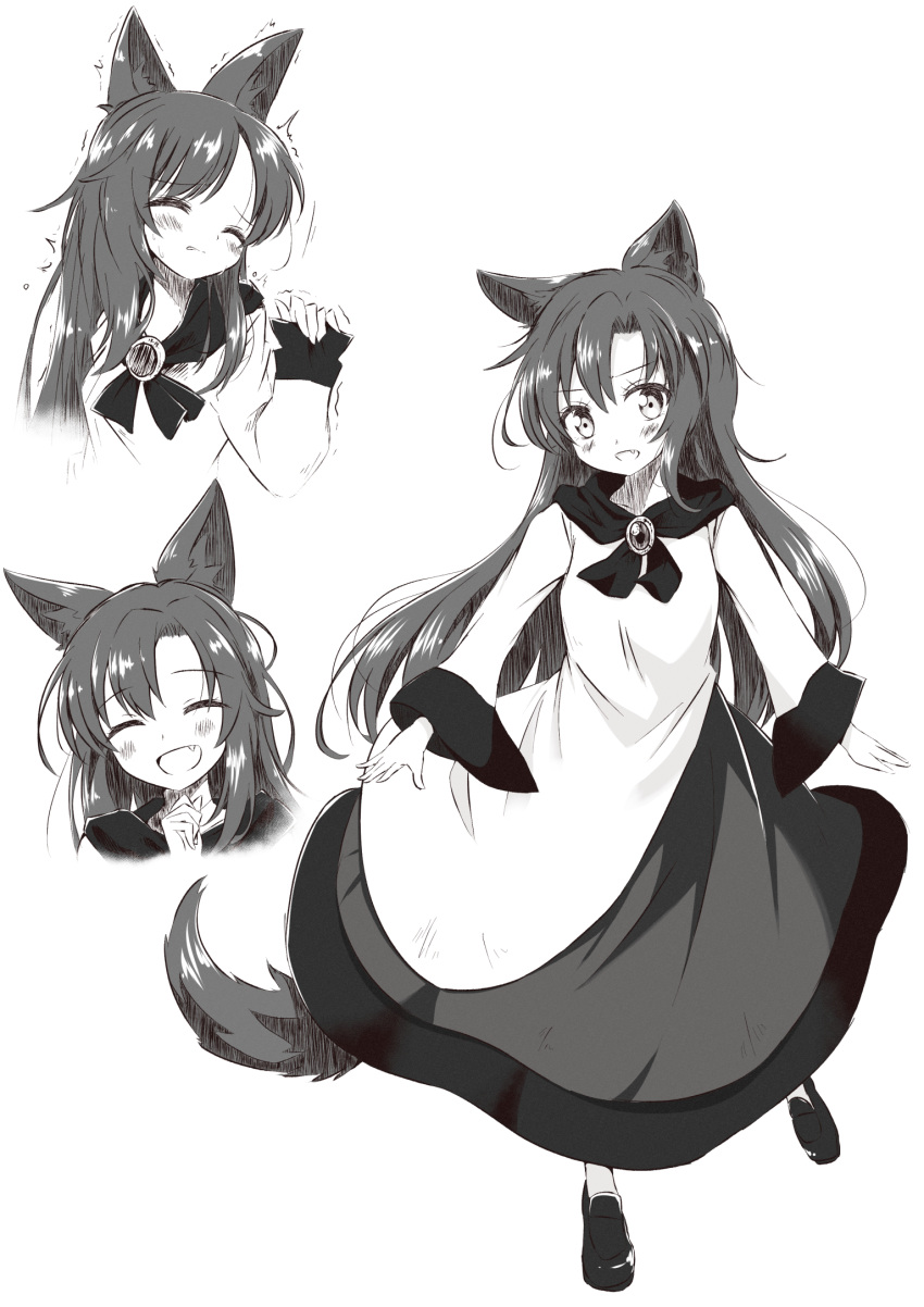 1girl animal_ears blush brooch commentary dress fang greyscale highres imaizumi_kagerou jewelry long_hair long_sleeves looking_at_viewer monochrome multiple_views open_mouth simple_background smile solo tail touhou trembling tsuukinkaisoku_oomiya white_background wide_sleeves wolf_ears wolf_girl wolf_tail