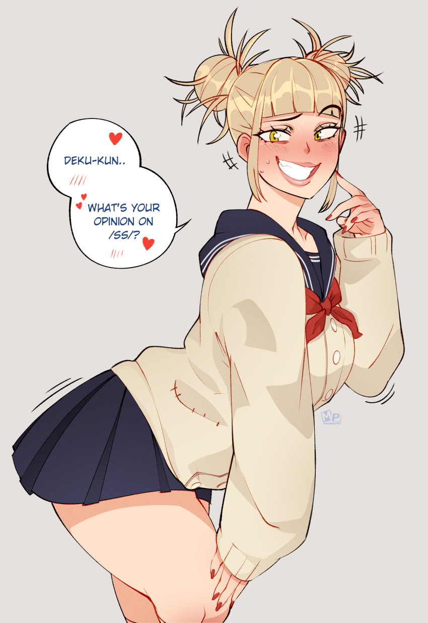 1girl absurdres blonde_hair blue_sailor_collar blue_skirt blunt_bangs blush boku_no_hero_academia cardigan double_bun english_text fangs fingernails hair_bun hand_on_own_face hand_on_own_thigh heart highres lips lipstick mahmapuu makeup messy_hair motion_lines neckerchief pink_lips pleated_skirt pocket raised_eyebrow red_nails red_neckerchief sailor_collar school_uniform serafuku short_hair sidelocks simple_background skirt smile solo speech_bubble spoken_blush spoken_heart sweat thighs toga_himiko yellow_cardigan yellow_eyes