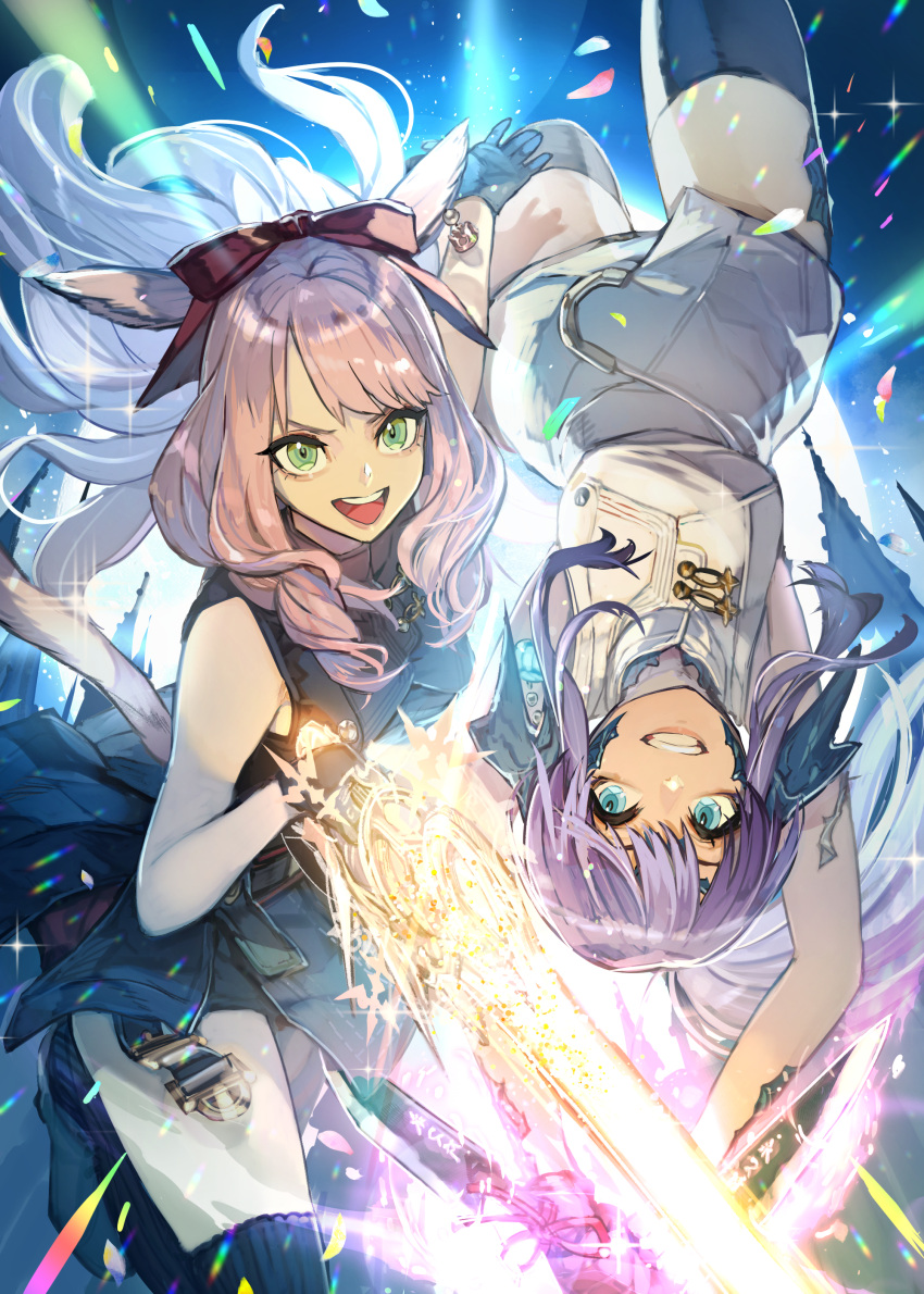 2girls absurdres animal_ears au_ra black_gloves black_thighhighs blue_eyes bow brown_hair cat_ears cat_tail dragon_horns final_fantasy final_fantasy_xiv gloves green_eyes hair_bow hide_(hideout) highres holding holding_weapon horns long_hair looking_at_viewer miqo'te multiple_girls ninja_(final_fantasy) open_mouth purple_hair red_mage scales sleeveless tail thighhighs upside-down weapon