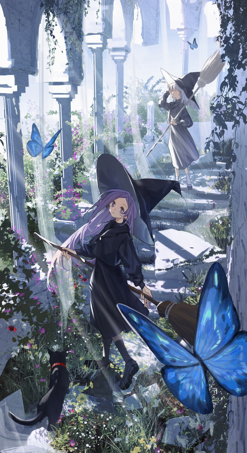 2girls absurdres black_cat black_footwear black_headwear black_shirt black_skirt black_socks broom bug butterfly cat crack cracked_floor flower grass hat highres holding holding_broom kimonogo long_sleeves multiple_girls original overgrown shirt shoes skirt socks standing witch witch_hat