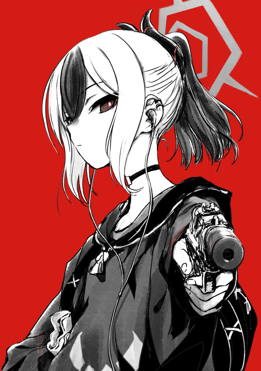 1girl aiming aiming_at_viewer blue_archive choker commentary demon_horns dokuromaru ear_piercing earbuds earphones expressionless greyscale_with_colored_background gun halo handgun highres holding holding_gun holding_weapon holster hood hoodie horns kayoko_(blue_archive) looking_at_viewer medium_hair multicolored_hair piercing ponytail red_background sidelocks solo suppressor two-tone_hair weapon