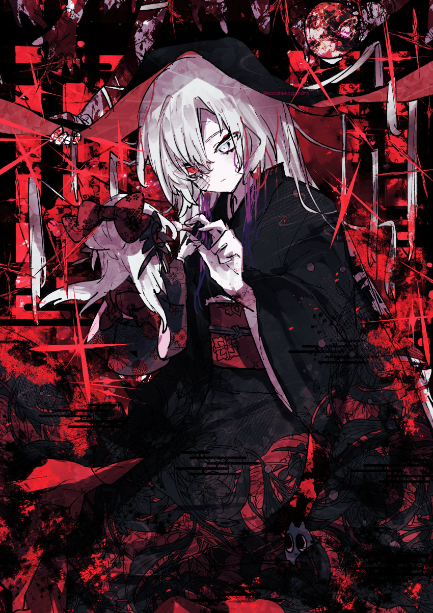 1girl abstract_background absurdres alternate_costume applying_makeup black_kimono blood blood_on_hands blood_splatter closed_mouth creature disembodied_limb egasumi expressionless gauze_on_cheek gomidasu_(kamitsubaki_studio) grey_eyes hair_flowing_over half-closed_eyes heterochromia highres holding holding_brush isekai_joucho japanese_clothes kamitsubaki_studio kimono kneeling long_hair looking_at_doll looking_at_object multicolored_hair noranekogahara obi obiage obijime print_kimono purple_hair red_eyes sash solo_focus streaked_hair twitter_username very_long_hair virtual_youtuber white_hair wide_sleeves