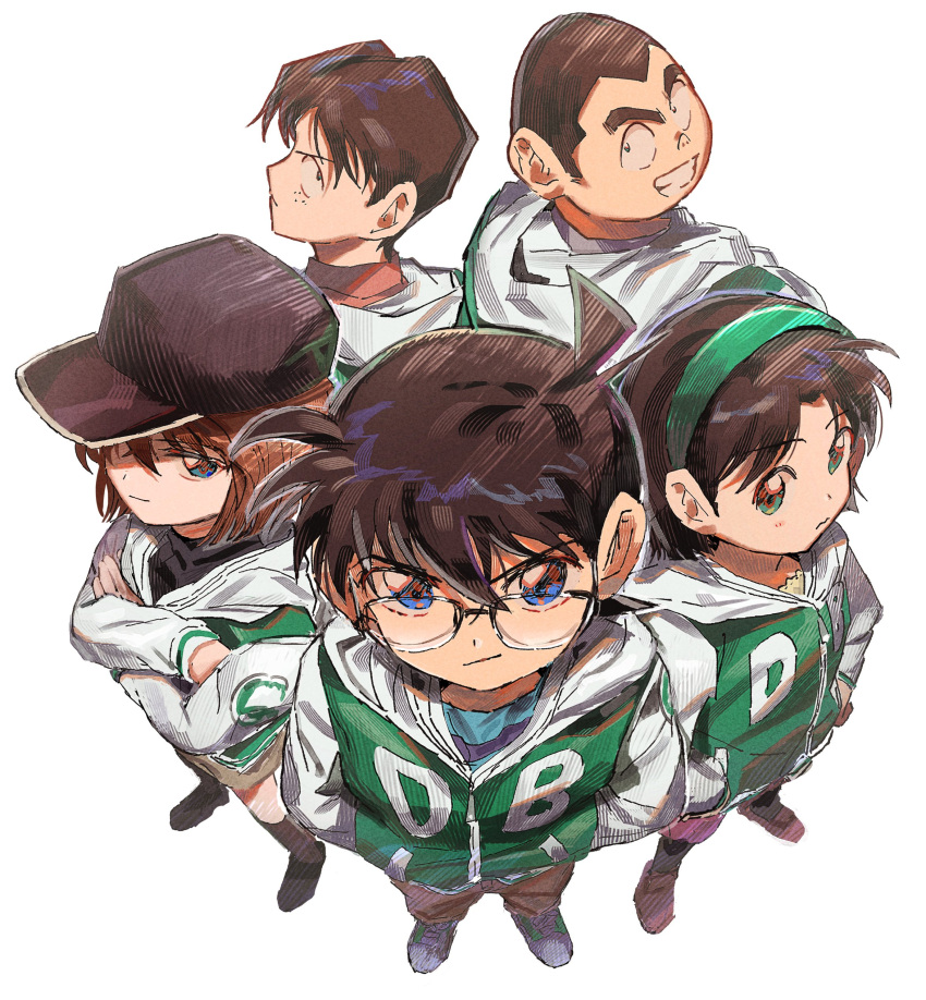 2girls 3boys absurdres alternate_costume black_headwear brown_hair edogawa_conan freckles glasses green_hairband green_jacket grin haibara_ai hair_between_eyes hairband hands_in_pockets highres jacket kojima_genta looking_at_viewer looking_back meitantei_conan multiple_boys multiple_girls segami shoes short_hair simple_background smile teeth tsuburaya_mitsuhiko white_background white_jacket yoshida_ayumi