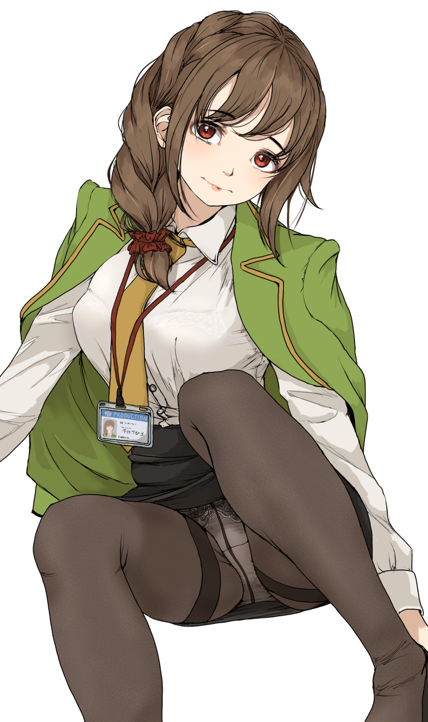 1girl adjusting_clothes adjusting_shoe black_pantyhose black_skirt blush bra_visible_through_clothes braid breasts brown_hair gatsby_ssl green_jacket hair_ornament hair_scrunchie highres idolmaster idolmaster_cinderella_girls jacket jacket_on_shoulders lanyard large_breasts looking_at_viewer necktie office_lady panties pantyhose pantyshot pencil_skirt red_eyes scrunchie senkawa_chihiro shirt sidelocks simple_background sitting skirt solo thighband_pantyhose underwear white_background white_panties white_shirt yellow_necktie