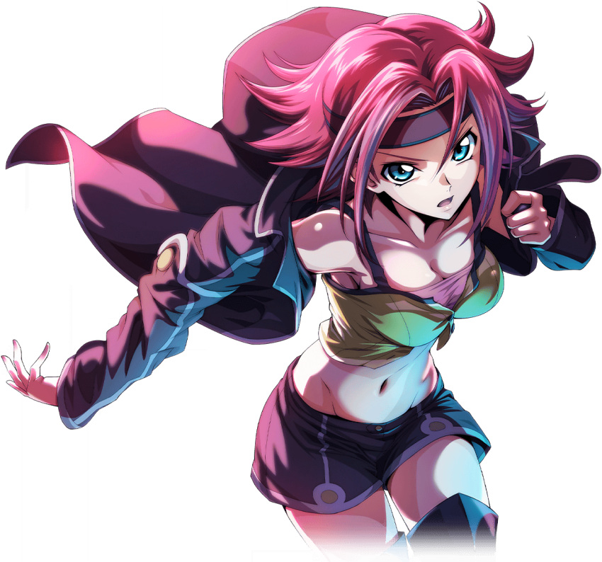 1girl artist_request backlighting bare_shoulders black_jacket black_shorts black_thighhighs blue_eyes breasts cleavage code_geass code_geass:_lost_stories collarbone cowboy_shot crop_top cropped_legs dressing game_cg groin hair_flaps hair_intakes hand_up headband jacket kallen_stadtfeld large_breasts long_sleeves looking_at_viewer navel non-web_source official_art open_mouth putting_on_jacket red_hair red_headband shirt short_hair short_shorts shorts sidelocks simple_background sleeveless sleeveless_shirt solo spaghetti_strap standing stomach thighhighs thighs transparent_background undershirt v-shaped_eyebrows yellow_shirt