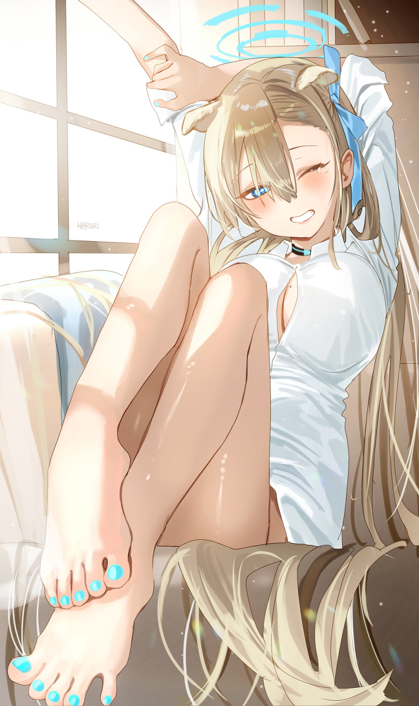 1girl asuna_(blue_archive) barefoot blonde_hair blue_archive blue_eyes blue_halo blue_ribbon blush grin hair_ribbon halo haruri highres indoors light_brown_hair long_hair looking_at_viewer one_eye_closed ribbon shirt smile solo stretching toes very_long_hair white_shirt window