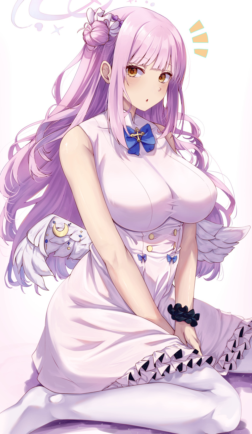 1girl absurdres angel_wings blue_archive blush breasts crescent crescent_pin dress feathered_wings flower frilled_dress frills hair_bun hair_flower hair_ornament halo highres large_breasts long_hair mika_(blue_archive) mirufui open_mouth pantyhose pink_hair pink_halo purple_flower single_side_bun sleeveless sleeveless_dress solo white_dress white_pantyhose white_wings wings yellow_eyes