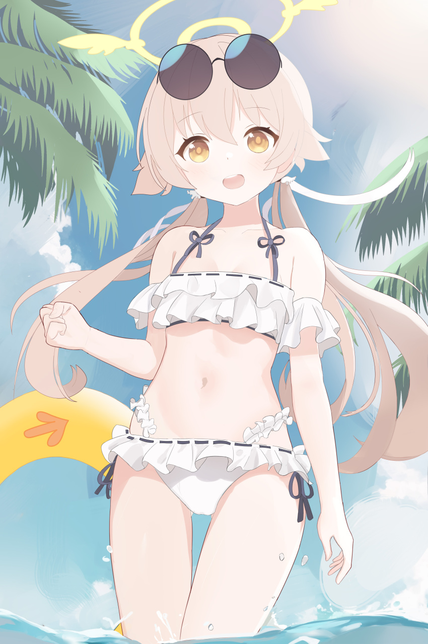 1girl absurdres bikini blue_archive blue_sky chinese_commentary clenched_hand cloud commentary_request day eyewear_on_head frilled_bikini frills hair_flaps halo hifumi_(blue_archive) highres light_brown_hair low_twintails ocean outdoors palm_tree ribbon-trimmed_bikini ribbon-trimmed_swimsuit ribbon_trim shirao_shiki side-tie_bikini_bottom sky solo sunglasses swim_ring swimsuit tree twintails water_drop yellow_eyes yellow_halo