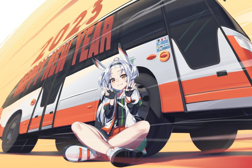 1girl 2023 animal_ears black_gloves bus closed_mouth coffeiz_p commentary_request finger_counting fingerless_gloves full_body gloves grey_hair happy_new_year highres indian_style jacket long_hair long_sleeves looking_at_viewer motor_vehicle orange_eyes original shoes sitting smile solo topknot two_side_up w white_footwear white_jacket