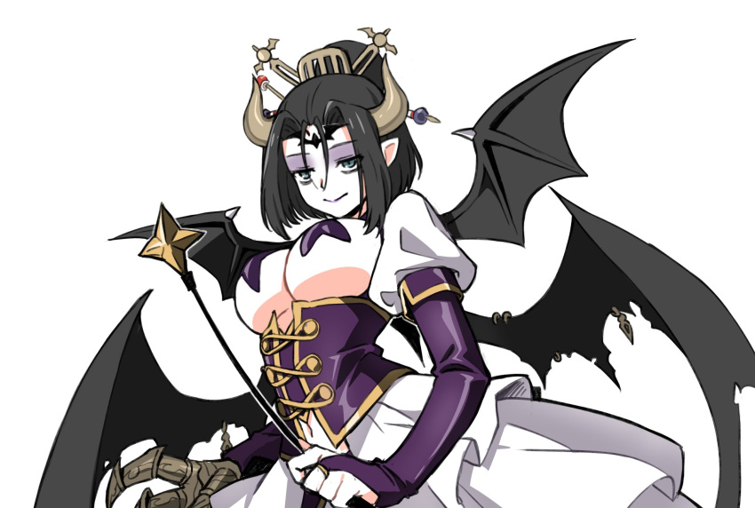 bags_under_eyes black_hair breasts corset cosplay demon_girl demon_horns digimon digua92537359 dress facial_mark forehead_mark grey_eyes highres hiiragi_utena hiiragi_utena_(cosplay) holding holding_whip horns large_breasts lilithmon mahou_shoujo_ni_akogarete makeup mascara medium_hair multiple_wings pasties purple_corset revealing_clothes sleepy torn_wings white_dress wings