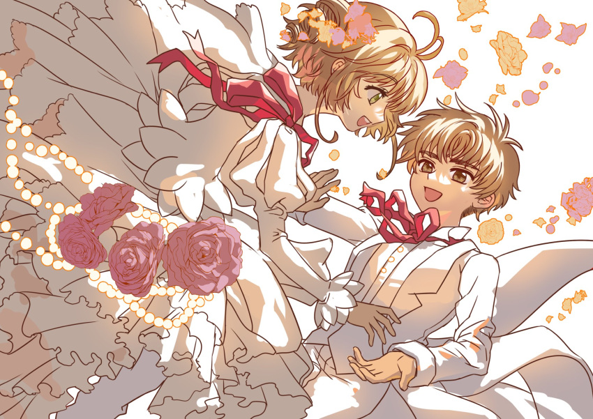 1boy 1girl antenna_hair brown_eyes brown_hair cardcaptor_sakura couple dress flower green_eyes hair_flower hair_ornament hetero highres kinomoto_sakura li_syaoran looking_at_another neck_ribbon open_mouth qige ribbon rose smile suit white_dress white_suit