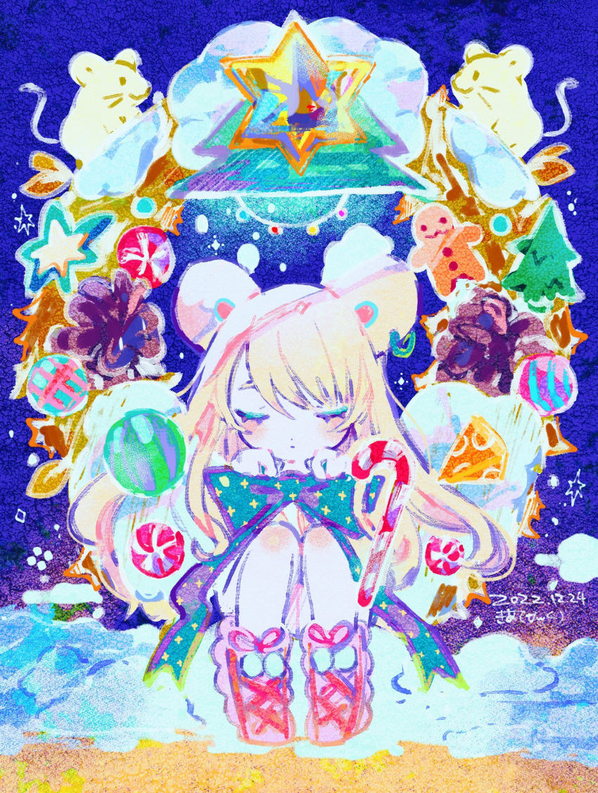 1girl animal_ears blonde_hair blue_background blue_bow boots bow candy candy_cane christmas christmas_ornaments christmas_wreath closed_eyes closed_mouth commentary dated facing_viewer food full_body highres kiato knees_up long_hair mouse mouse_ears original pine_tree pink_footwear signature sitting snow solo star_(symbol) symbol-only_commentary tree wreath