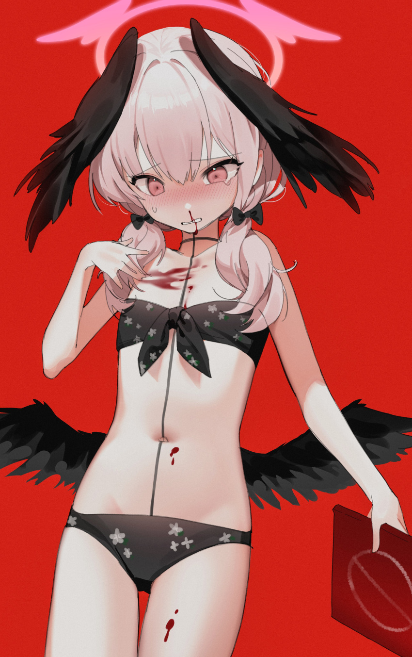 1girl absurdres bikini black_bikini black_wings bleeding blood blood_on_chest blue_archive blush feathered_wings flat_chest front-tie_top halo head_wings highres k_hottok koharu_(blue_archive) koharu_(swimsuit)_(blue_archive) long_hair looking_down low_twintails low_wings navel nosebleed pink_eyes pink_hair pink_halo red_background simple_background solo swimsuit twintails wings