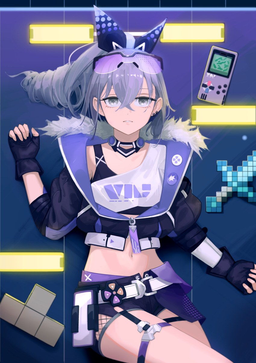 1girl absurdres belt black_gloves black_shorts commentary crop_top crossed_bangs drill_hair drill_ponytail ear_piercing eyewear_on_head fingerless_gloves game_boy gloves goggles goggles_on_head grey_hair hair_between_eyes handheld_game_console highres honkai:_star_rail honkai_(series) long_hair long_sleeves looking_at_viewer minecraft minecraft_sword navel parted_lips piercing shorts silver_wolf_(honkai:_star_rail) solo tetris upper_body weliped white_belt