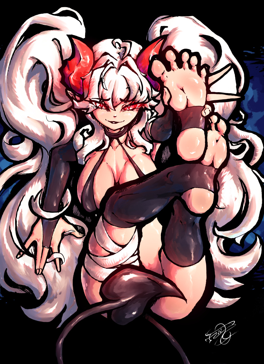 1girl absurdres ahoge bandages black_choker black_footwear breasts choker collarbone demon_girl demon_horns demon_tail feet floofsmear foot_focus full_body hatching_(texture) heart heart_ahoge highres holding_feet horns legs long_eyelashes long_hair looking_at_viewer lying mixed_media on_back original pointy_ears red_eyes smile smug soles solo spread_toes stirrup_legwear tail thick_outlines toeless_legwear toes twintails very_long_hair white_hair