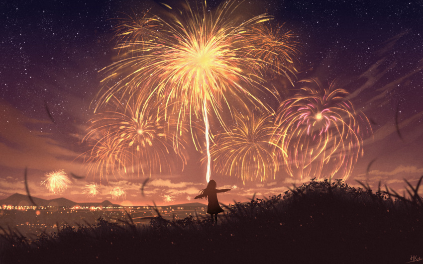 1girl city_lights cloud dress falling_leaves fireworks floating_hair forced_perspective grass highres hkcutie holding_fireworks leaf long_hair long_sleeves mountainous_horizon night night_sky original outdoors outstretched_arms scenery signature silhouette sky solo sparkler star_(sky) starry_sky very_wide_shot