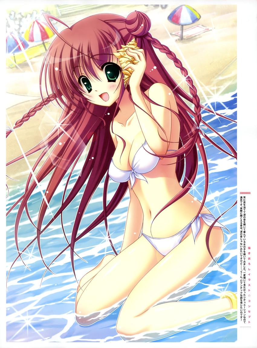 :d absurdres ahoge anklet bandeau beach beach_umbrella bikini blush braid breasts cleavage copyright_request front-tie_top green_eyes highres jewelry medium_breasts midriff mitsui_mana navel open_mouth partially_submerged red_hair seashell shell shell_to_ear side-tie_bikini sitting smile solo swimsuit tetrapod twin_braids umbrella wariza water