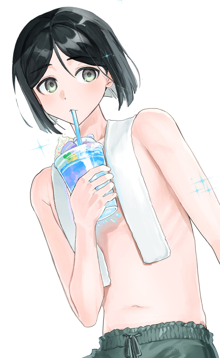 1boy absurdres black_hair collarbone cowboy_shot drink drinking_straw drinking_straw_in_mouth fate/zero fate_(series) food grey_eyes grey_male_swimwear highres holding holding_drink looking_at_viewer macaron male_focus male_swimwear navel simple_background smoothie solo sparkle sprinkles swim_trunks tokoni_fusu topless_male towel towel_around_neck waver_velvet white_background