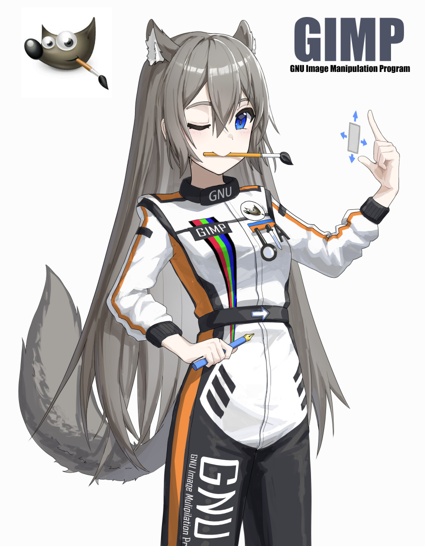 absurdres animal_ears blue_eyes bodysuit breasts closed_mouth gimp_(software) gnu grey_hair highres long_hair long_sleeves looking_at_viewer one_eye_closed paintbrush paintbrush_in_mouth personification phonetik rainbow small_breasts smile tail white_background wilber_(gimp)