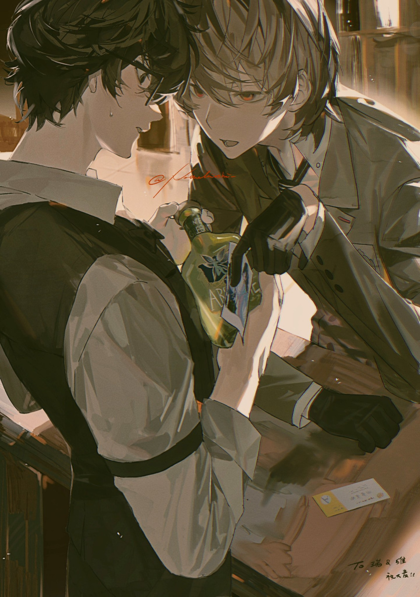 2boys akechi_gorou alcohol amamiya_ren backlighting bartender black_gloves black_hair blush bottle brown_hair collared_shirt glasses gloves grey_eyes hair_between_eyes highres holding holding_bottle kiyoshi_st leaning_forward looking_at_another looking_down male_focus messy_hair multiple_boys necktie open_mouth persona persona_5 persona_5_the_royal photo_(object) red_eyes shirt short_hair signature sweat twitter_username upper_body