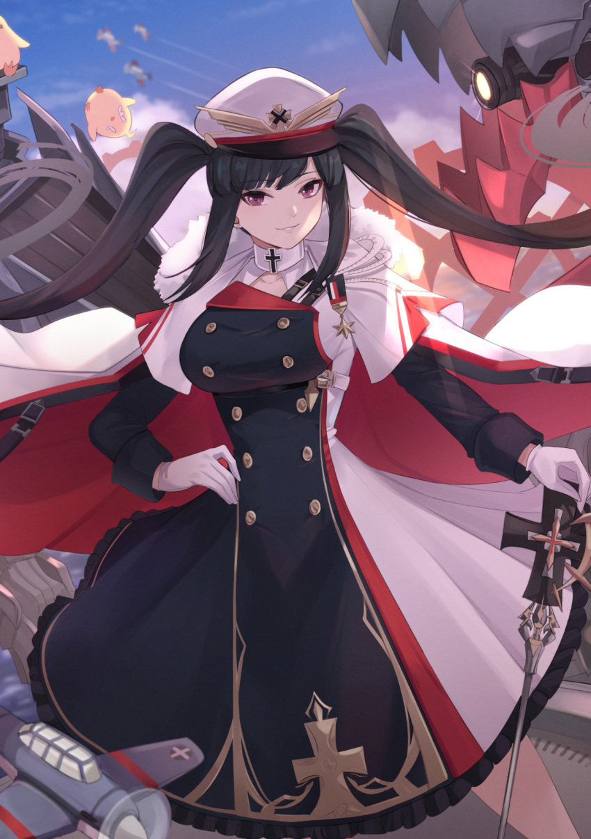 1girl aircraft azur_lane black_dress blue_sky breasts buttons capelet daweykun double-breasted dress floating_cape gloves hand_on_own_hip hat highres large_breasts long_hair long_sleeves looking_at_viewer manjuu_(azur_lane) multicolored_clothes multicolored_dress peaked_cap peter_strasser_(azur_lane) purple_eyes red_dress sky solo twintails vehicle_request very_long_hair white_capelet white_dress white_gloves