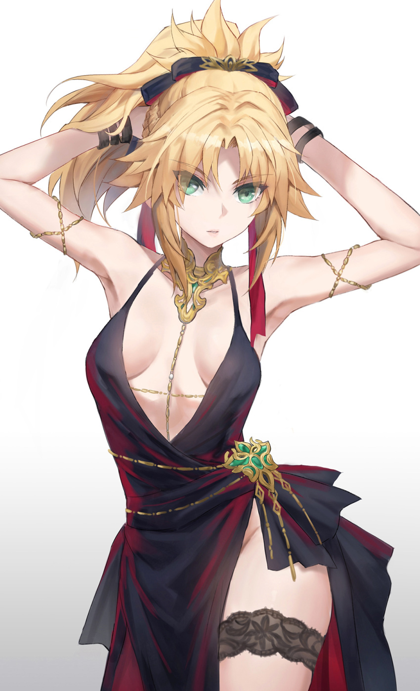 1girl armpits arms_behind_head arms_up bare_shoulders belly_chain black_dress blonde_hair braid breasts bridal_garter collarbone commentary_request dress fate/apocrypha fate_(series) french_braid green_eyes hair_ribbon highres jewelry long_hair looking_at_viewer mordred_(fate) mordred_(fate/apocrypha) parted_bangs ponytail ribbon sidelocks small_breasts solo tonee
