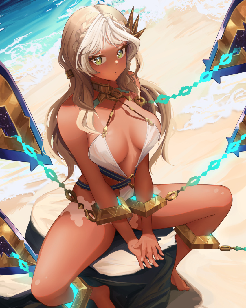 1girl andromeda_(fate) barefoot beach blonde_hair braid breasts chain crown_braid cuffs dark-skinned_female dark_skin fate/grand_order fate_(series) fingernails gold_choker green_eyes hair_ornament highres large_breasts long_hair looking_at_viewer ocean outdoors phaethonvt revealing_clothes rock shackles sitting sitting_on_rock