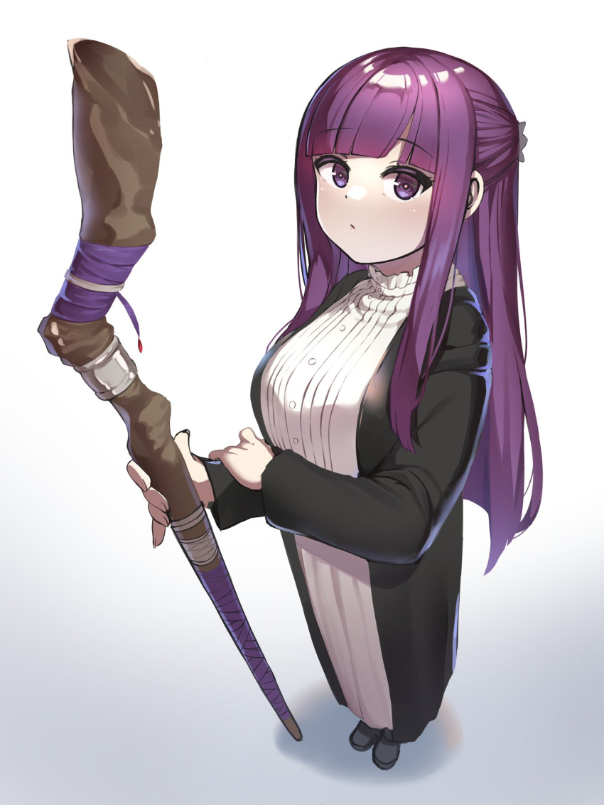 1girl black_coat black_robe blunt_bangs capelet coat collar commentary_request cut_bangs deko_isu dress fern_(sousou_no_frieren) foreshortening frilled_collar frills half_updo hand_on_own_arm highres holding holding_staff mage_staff purple_eyes purple_hair robe solo sousou_no_frieren staff straight_hair white_capelet white_dress