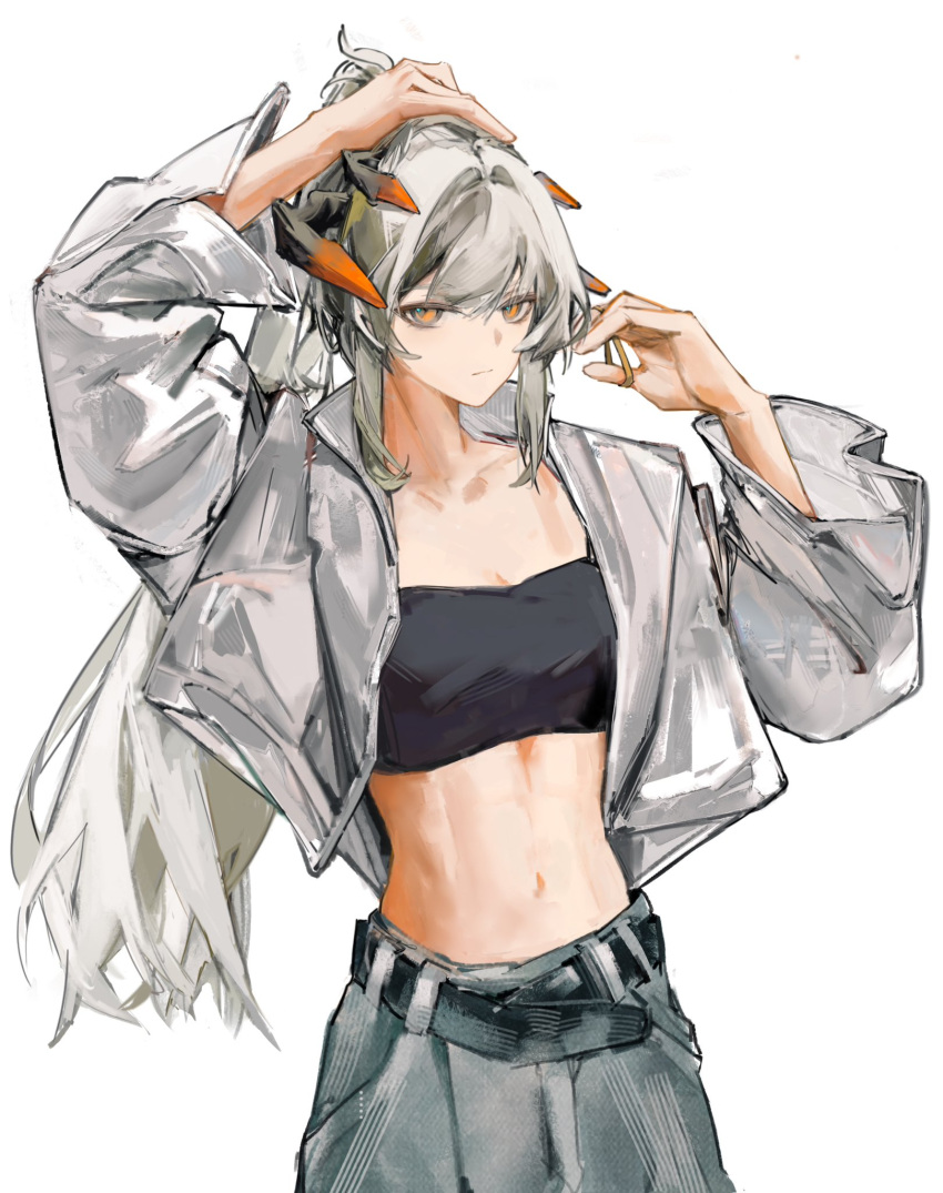 1girl arknights arm_up bandeau belt black_belt cowboy_shot grey_hair grey_shirt hand_up highres horns long_hair looking_at_viewer midriff navel open_clothes open_shirt orange_eyes saria_(arknights) shirt simple_background solo standing stomach strapless tube_top very_long_hair white_background z_shuidao