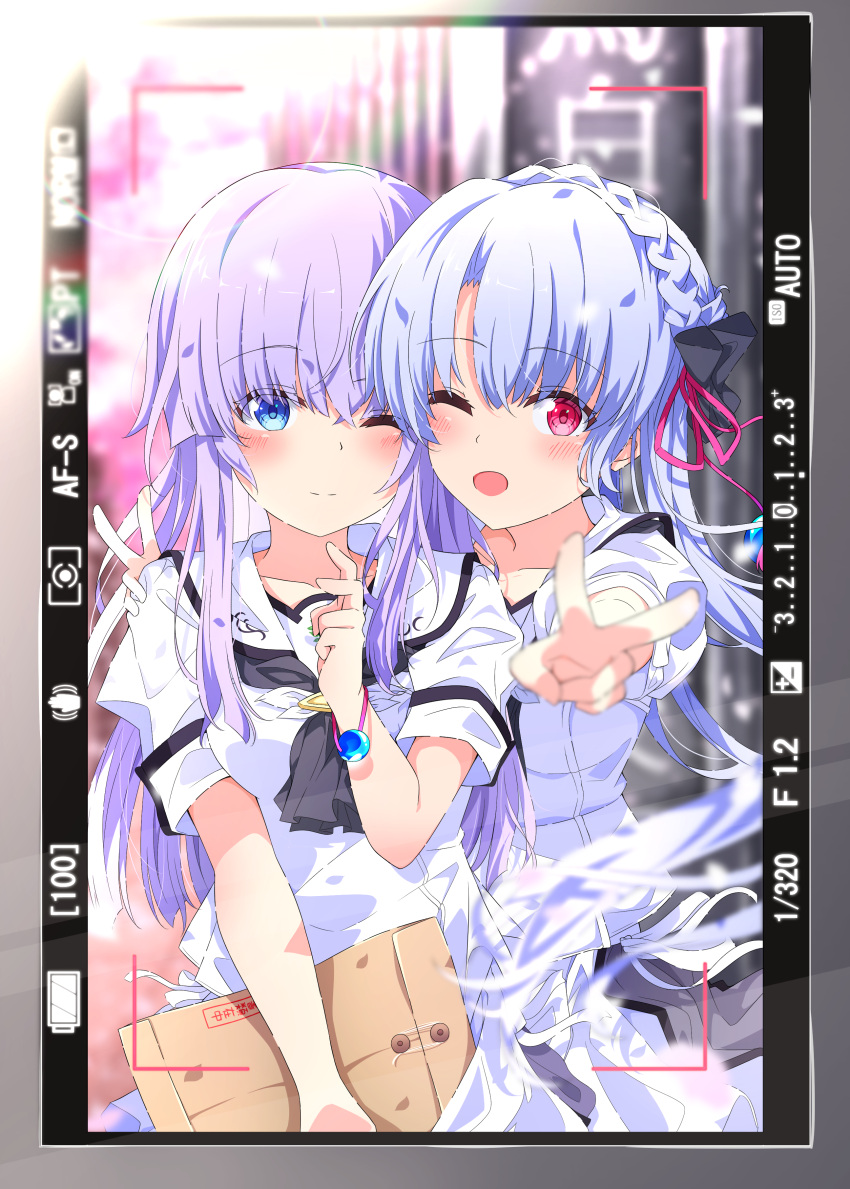 2girls ;) absurdres ascot black_ascot blue_bow blue_eyes blue_hair blurry blurry_background blush bow braid closed_mouth commentary_request cowboy_shot crossed_bangs crown_braid depth_of_field double_v eyes_visible_through_hair floating_hair hair_between_eyes hair_bow hand_on_another's_shoulder hand_up hands_up happy heads_together highres hug kyamiuu long_hair looking_at_viewer multiple_girls one_eye_closed open_mouth puffy_short_sleeves puffy_sleeves purple_hair red_eyes sailor_collar school_uniform selfie shirt short_sleeves siblings side-by-side sisters skirt smile sorakado_ai sorakado_ao split_mouth summer_pockets twins v viewfinder white_sailor_collar white_shirt white_skirt
