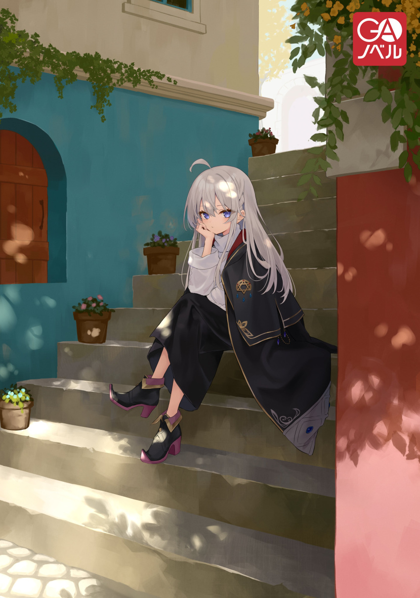1girl absurdres ahoge arm_support azuuru black_cape black_dress black_footwear braid cape closed_mouth cover cover_image crossed_legs dress elaina_(majo_no_tabitabi) full_body grey_hair high_heels highres long_hair looking_at_viewer majo_no_tabitabi novel_illustration official_art outdoors purple_eyes shirt sitting sitting_on_stairs solo stairs sunlight white_shirt