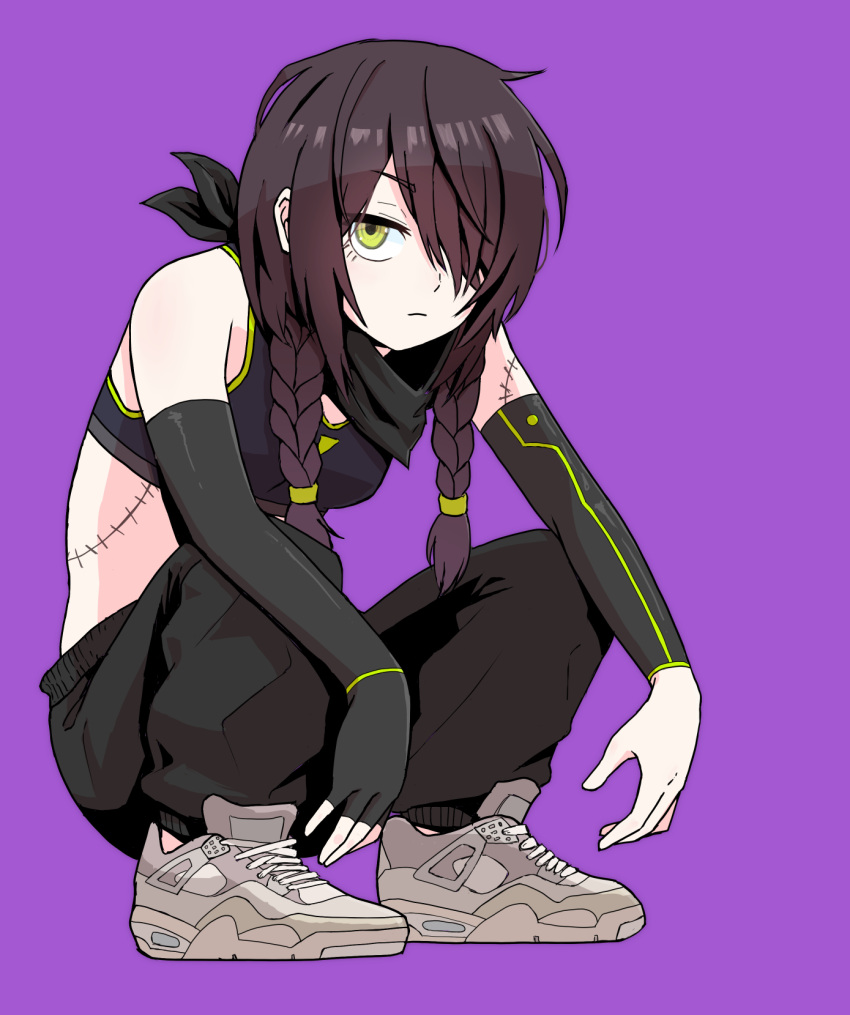 1girl black_hair black_pants braid breasts crop_top detached_sleeves expressionless fingerless_gloves full_body girls'_frontline gloves green_eyes hair_over_one_eye highres long_hair looking_at_viewer mac-10_(girls'_frontline) pants purple_background shoes single_glove slav_squatting small_breasts sneakers solo squatting stitched_arm stitched_torso stitches twin_braids white_footwear zukzuk13