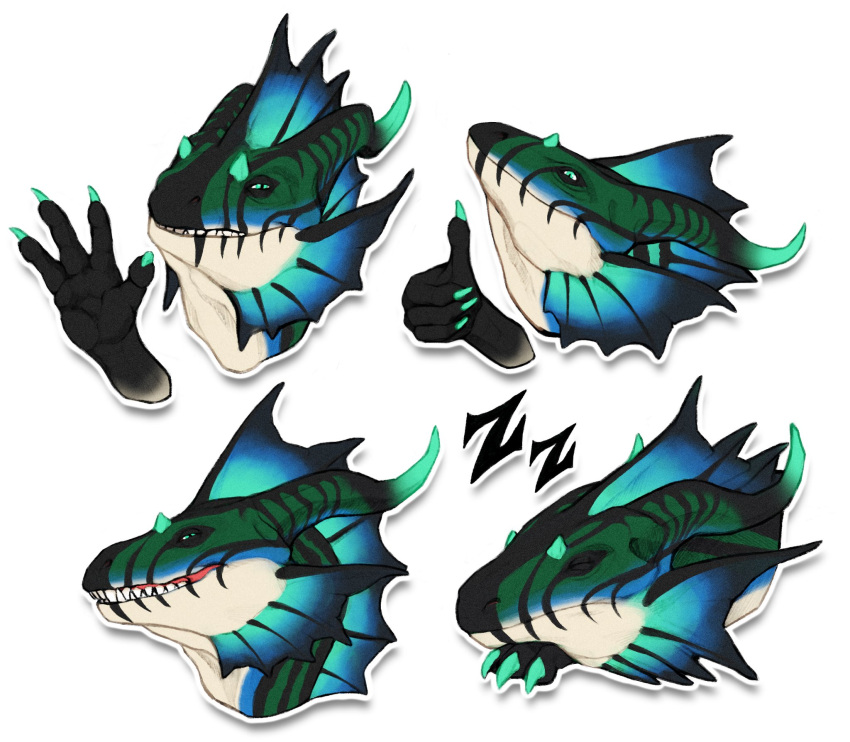 ambiguous_form ambiguous_gender black_body black_frill black_horn blue_body blue_eyes blue_frill blue_horn cheek_frill dragon frill_(anatomy) gesture green_body green_horn grin head_crest head_frill hi_res horn khyaber looking_at_viewer mouth_closed narrowed_eyes neck_frill simple_background smile solo tan_body thumbs_up waving waving_at_viewer white_background