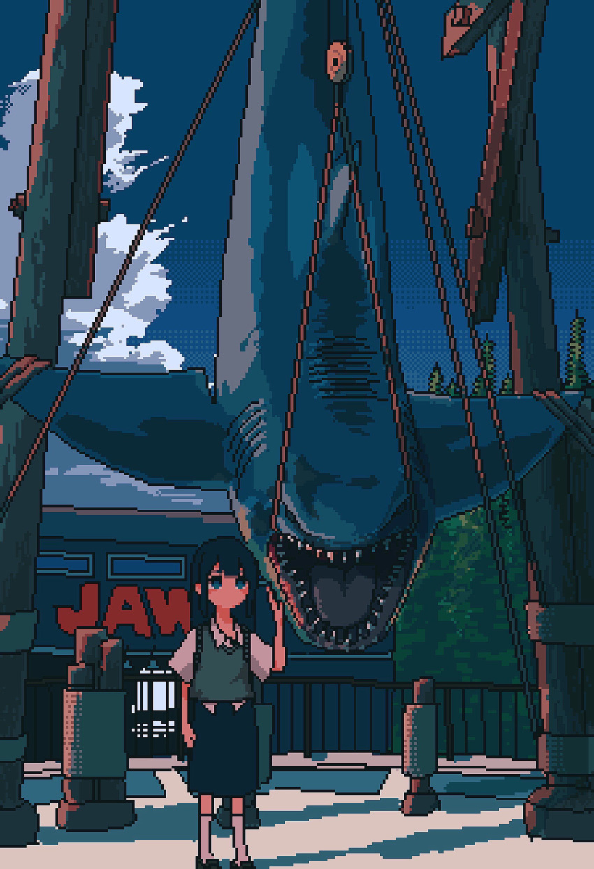 1girl absurdres black_hair black_skirt blue_eyes blue_sky blush cloud collared_shirt commentary cumulonimbus_cloud day dead_animal green_sweater_vest hand_on_animal hand_up hanging highres kneehighs long_hair looking_ahead no_mouth original outdoors pixel_art railing rope shark shirt shoes short_sleeves sivcha skirt sky socks solo standing sweater_vest symbol-only_commentary white_shirt white_socks wide_shot