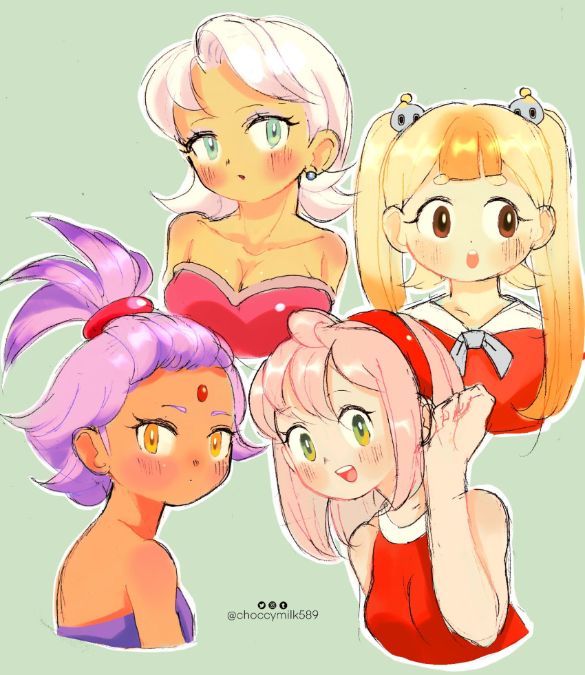 4girls amy_rose blaze_the_cat blush chao_(sonic) choccymilk589 cream_the_rabbit forehead_jewel green_background green_eyes hairband highres humanization looking_at_viewer multiple_girls pink_hair ponytail purple_hair red_hairband rouge_the_bat simple_background sonic_(series) white_hair yellow_eyes