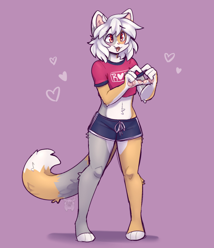 &lt;3 anthro arcanis_(hahaluckyme) blush calico_cat clothed clothing crop_top cute_fangs digital_media_(artwork) domestic_cat felid feline felis fleurfurr fully_clothed fur grey_body grey_fur heart_gesture hi_res mammal midriff open_mouth open_smile purple_background red_eyes shirt simple_background smile topwear watermark white_body white_fur yellow_body yellow_fur