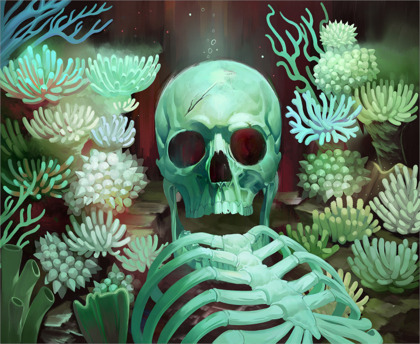 ambiguous_gender arkham_horror bone commentary corpse crack cracked_skull damaged dianamartinez english_commentary green_theme highres macabre_memento_(arkham_horror) official_art plant ribs skeleton skull solo succulent_plant