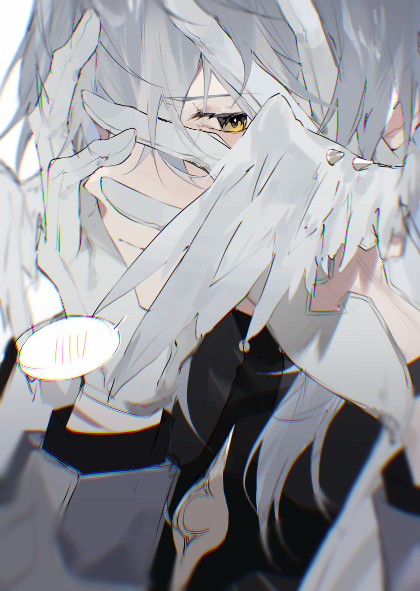 1boy absurdres blush coat covering_own_eyes embarrassed gloves grey_hair hair_between_eyes head_wings highres honkai:_star_rail honkai_(series) looking_at_viewer male_focus peeking_through_fingers puyopuyokrg sunday_(honkai:_star_rail) white_coat white_gloves white_wings wing_piercing wings