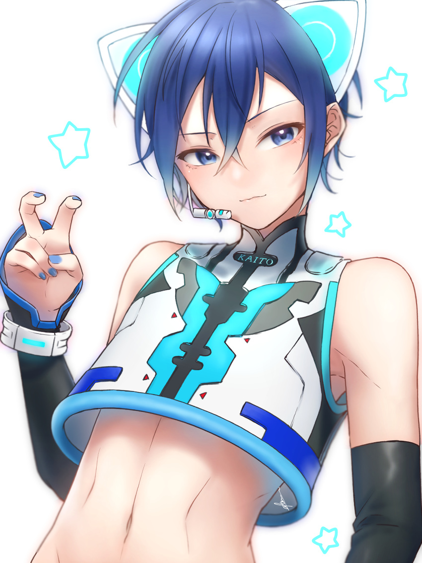 1boy absurdres after0217 armpit_peek blue_eyes blue_hair blue_nails commentary crop_top detached_sleeves hair_between_eyes highres kaito_(vocaloid) looking_to_the_side male_focus mouthpiece nail_polish navel neko_cyber_(module) project_diva_(series) short_hair signature sleeveless solo star_(symbol) upper_body v vocaloid white_background