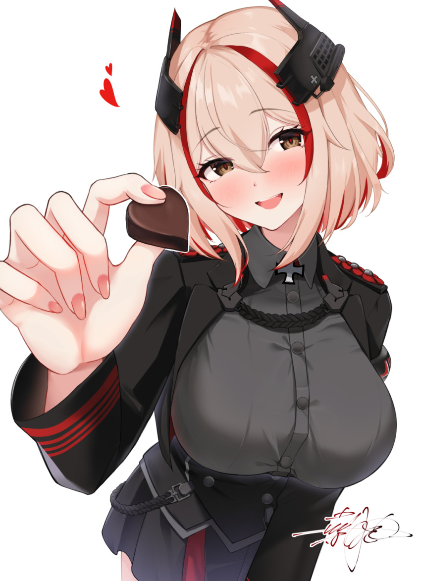1girl azur_lane black_dress black_skirt blonde_hair blush buttons candy chocolate cross crossed_bangs dress food hair_between_eyes hand_up headgear heart heart-shaped_chocolate highres holding holding_chocolate holding_food iron_cross long_sleeves multicolored_hair open_mouth orange_eyes pink_nails reaching reaching_towards_viewer red_hair roon_(azur_lane) shionootsu short_hair signature simple_background skirt smile solo streaked_hair valentine white_background