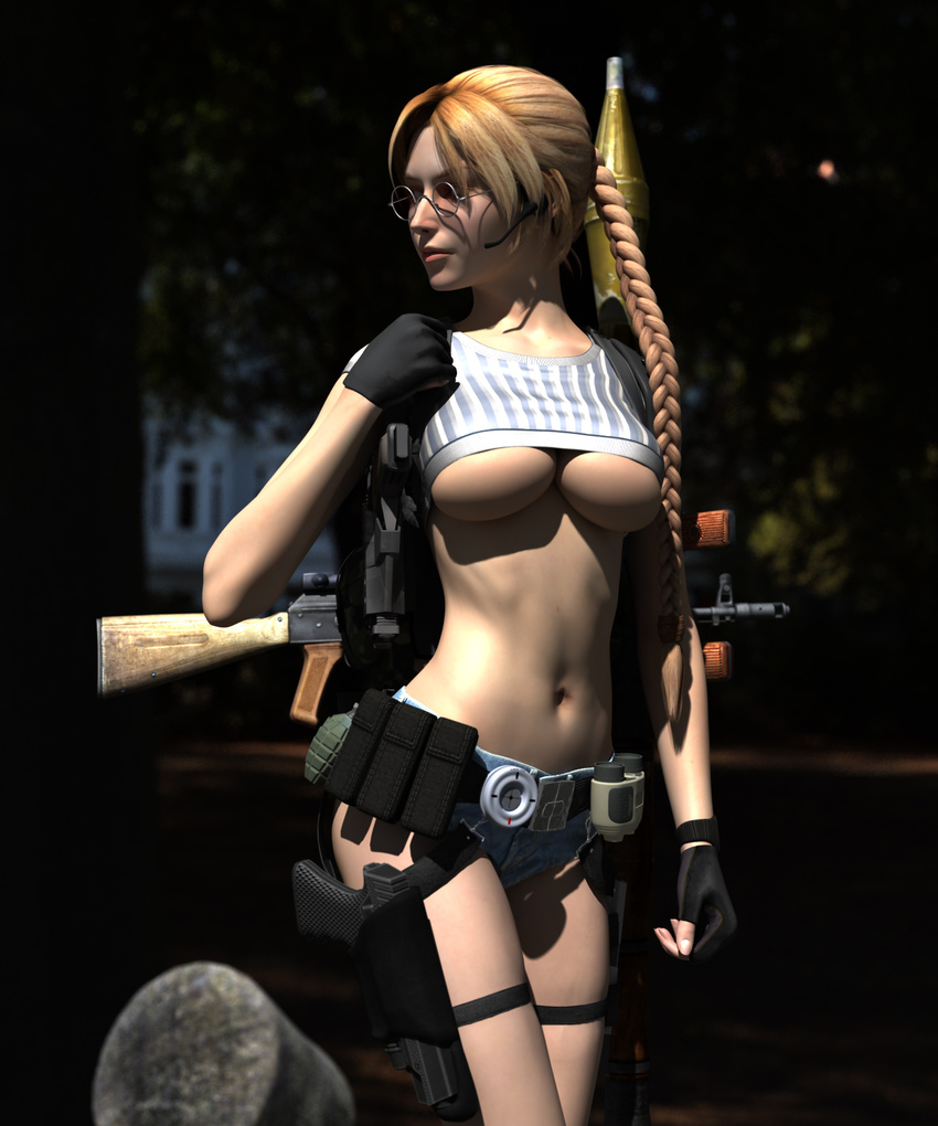 1girl 3d ak-74 assault_rifle binoculars blonde_hair braid breasts crop_top explosive fingerless_gloves glasses gloves grenade gun handgun headset highres hiro3787 holster long_hair midriff original outdoors pistol poser realistic rifle rocket_launcher rpg short_shorts shorts single_braid solo thigh_strap underboob walking weapon