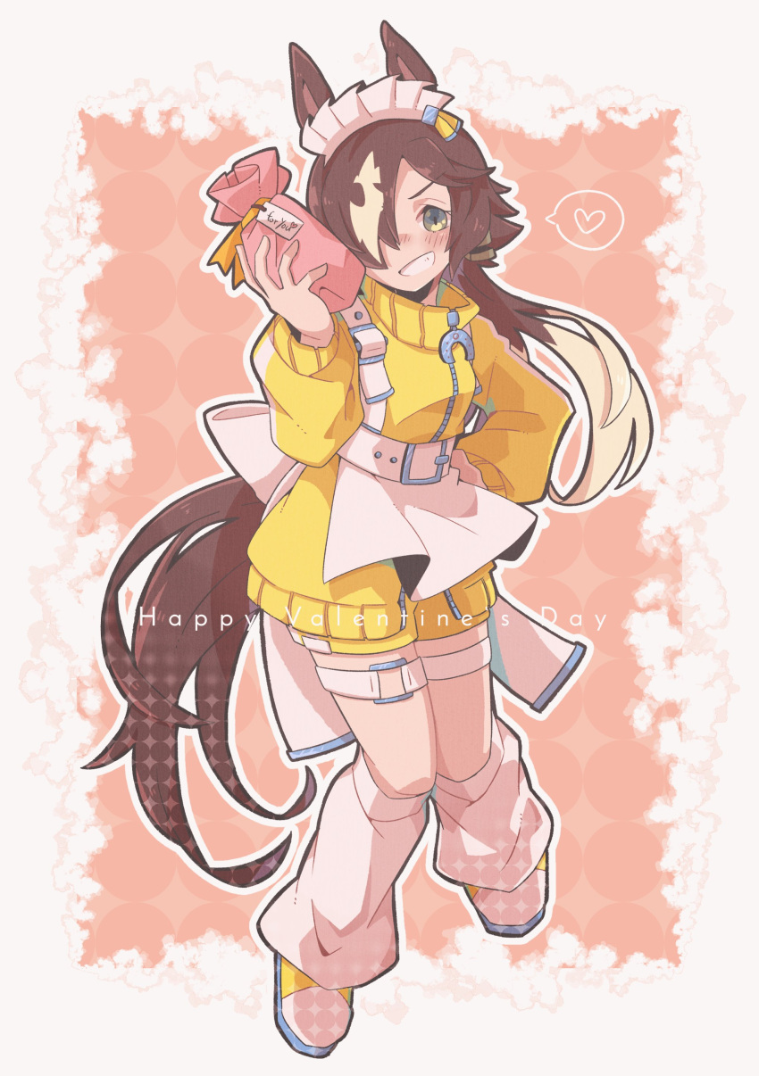 1girl absurdres animal_ears apron bag blush_stickers brown_eyes brown_hair commentary_request english_text full_body gift_bag grin hair_over_one_eye hand_up happy_valentine heart highres holding holding_bag horse_ears horse_girl horse_tail jacket long_hair long_sleeves looking_at_viewer loose_socks maid_headdress maru_(hachi_47923) multicolored_hair puffy_long_sleeves puffy_sleeves shoes shorts smile socks solo spoken_heart tail two-tone_hair umamusume v-shaped_eyebrows valentine very_long_hair vodka_(umamusume) white_apron white_hair white_socks yellow_footwear yellow_jacket yellow_shorts