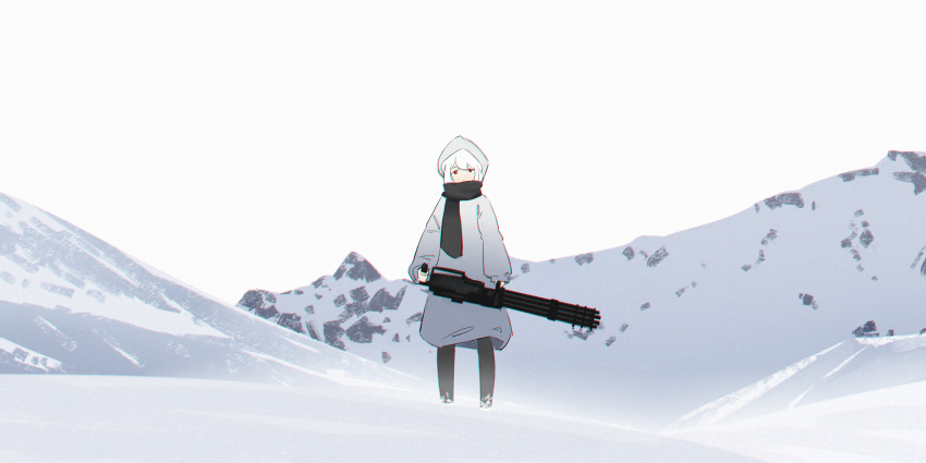 1girl absurdres coat expressionless gun highres holding holding_gun holding_weapon hood hood_up hooded_coat laluna long_sleeves mountain original outdoors pantyhose red_eyes scarf snow solo weapon weapon_request white_hair