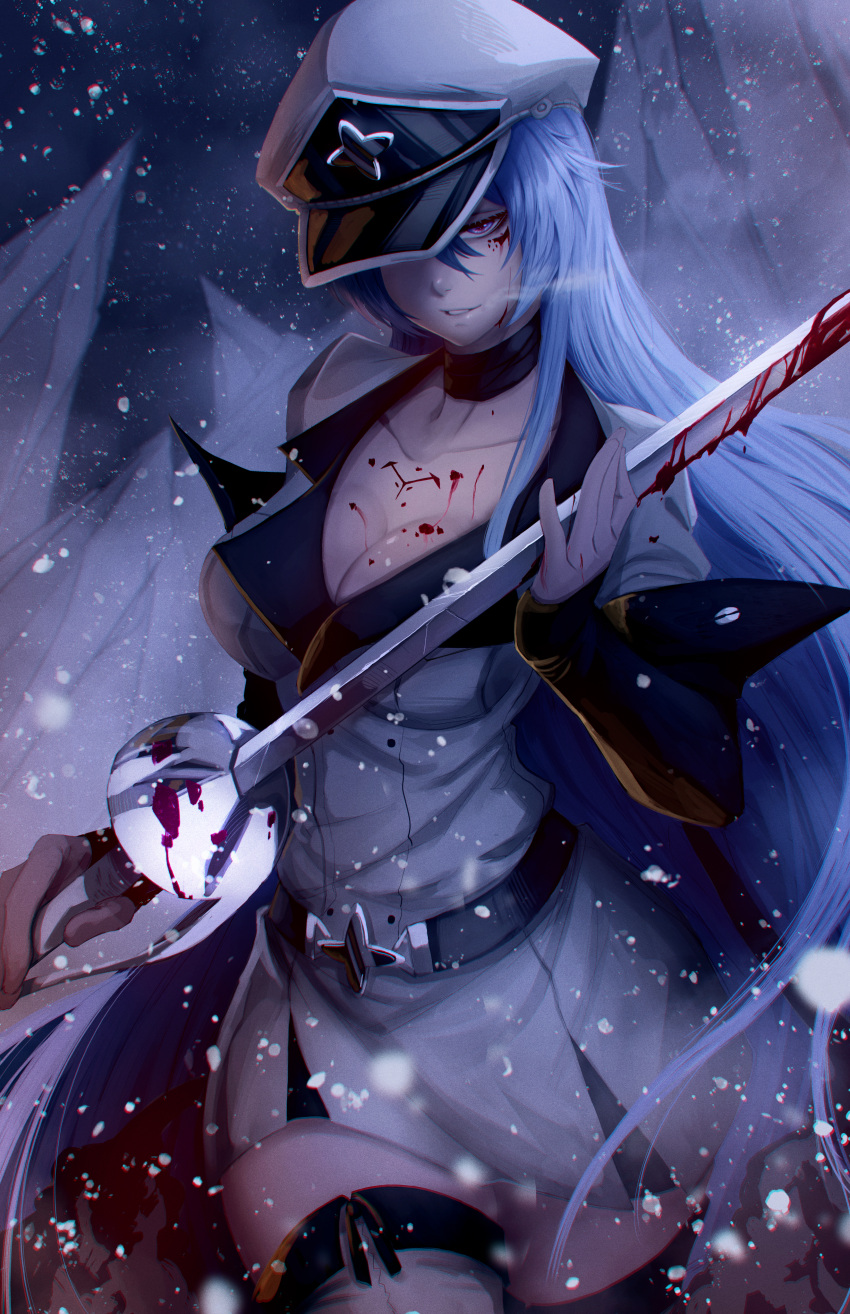 1girl absurdres akame_ga_kill! blood blood_on_breasts blood_on_face blood_on_knife blue_hair boots breasts breath cleavage esdeath hat highres holding holding_weapon jesse_schickler knife long_hair military_hat purple_eyes snow sword thigh_boots weapon white_uniform