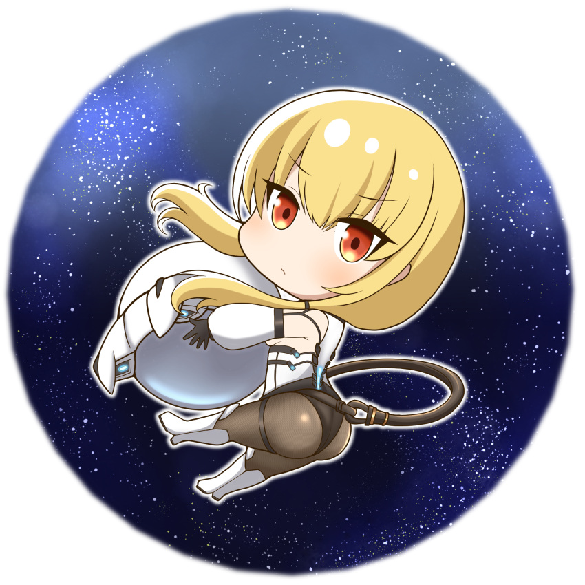 1girl ash_arms ass blonde_hair blush breasts chibi full_body hair_between_eyes hair_ornament helmet highres hirokihorikosi laica_(marfusha) looking_at_viewer low_twintails marfusha pantyhose red_eyes sky space space_helmet spacesuit star_(sky) starry_sky twintails