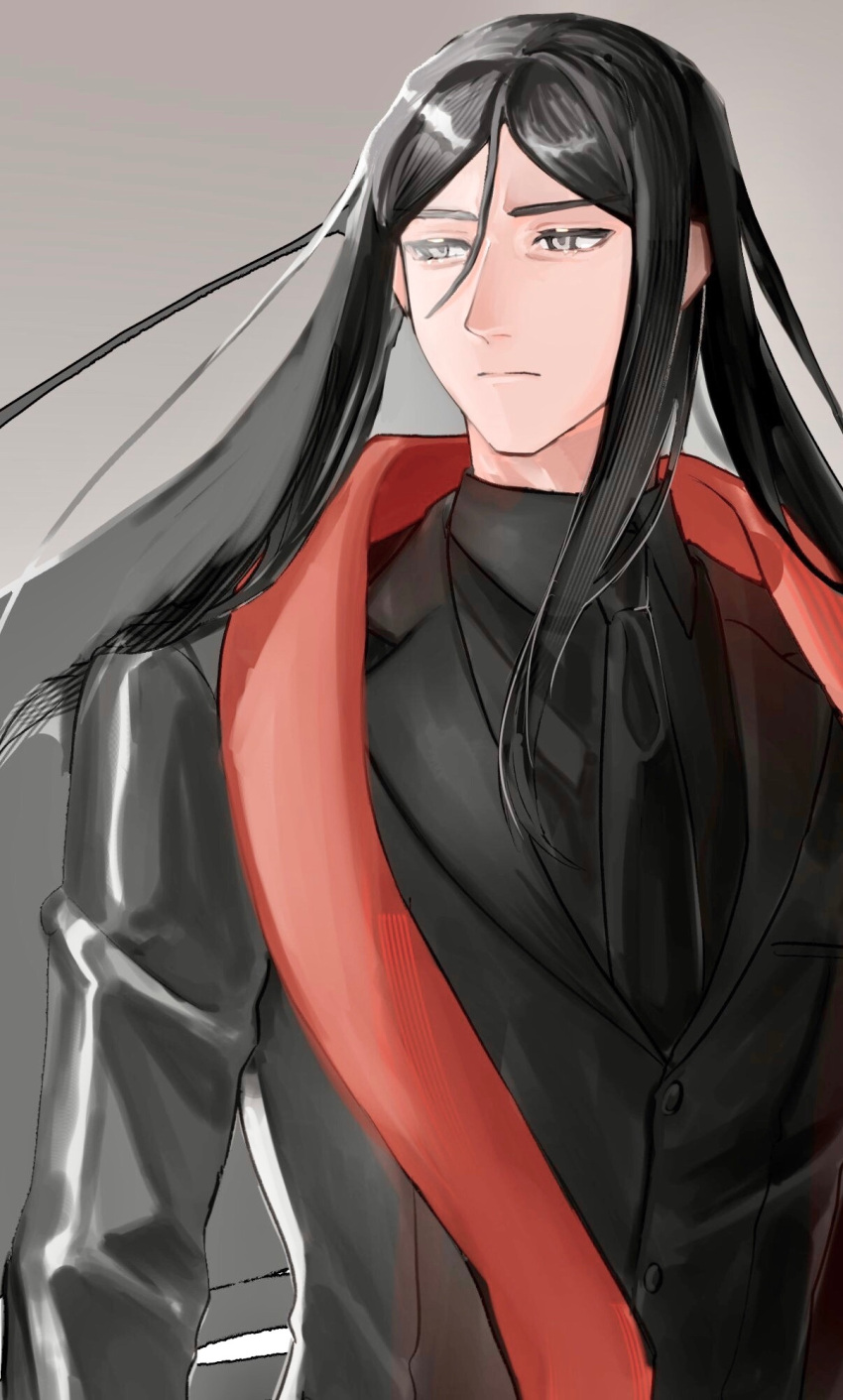 1boy black_hair black_jacket black_necktie black_shirt closed_mouth collared_shirt commentary fate_(series) grey_background grey_eyes hair_between_eyes highres jacket long_hair looking_to_the_side lord_el-melloi_ii male_focus necktie red_scarf scarf shirt solo symbol-only_commentary tokoni_fusu upper_body waver_velvet