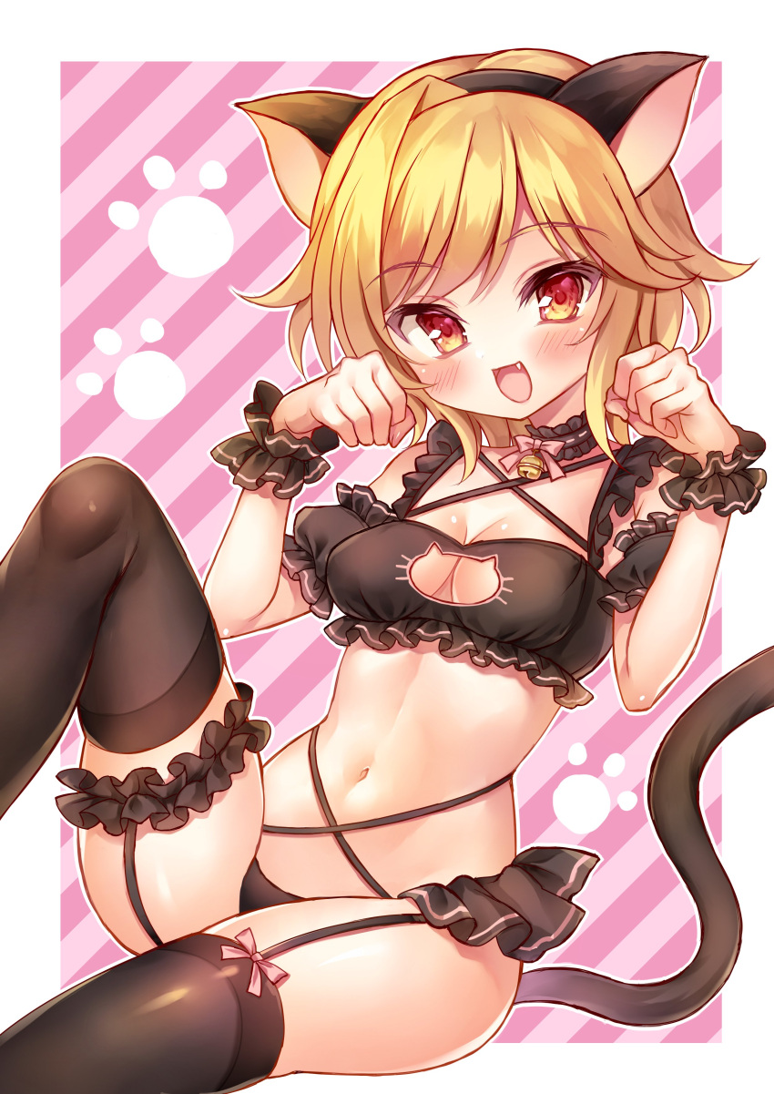 1girl :d absurdres achico_999 alternate_costume animal_ears bell black_bra black_choker black_panties black_thighhighs black_wrist_cuffs blonde_hair blush border bow bowtie bra breasts cat_cutout cat_ears cat_lingerie cat_tail choker cleavage cleavage_cutout clothing_cutout commentary curvy fake_animal_ears fake_tail fang feet_out_of_frame frilled_choker frilled_cuffs frilled_straps frills hands_up happy heart highres jingle_bell kin-iro_loveriche knees_up looking_at_viewer medium_breasts medium_hair meme_attire midriff navel neck_bell open_mouth panties parted_bangs paw_pose paw_print pink_background pink_bow pink_bowtie red_eyes simple_background sitting skindentation smile solo souma_ria stomach tail thigh_strap thighhighs thighs underwear white_border wrist_cuffs
