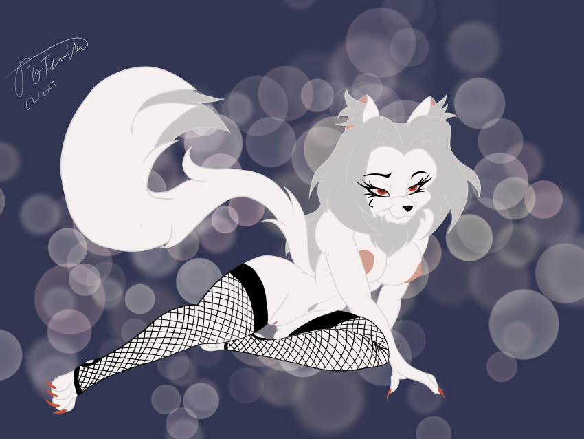 absurd_res anthro arctic_wolf breasts canid canine canis clothing facial_tattoo female fishnet genitals hi_res legwear mammal mr_p0tassium neck_tuft nude original_character pussy red_eyes solo tattoo tuft wolf