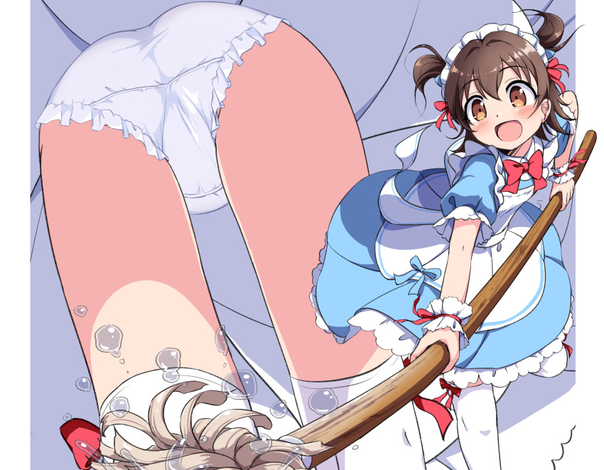 1girl akagi_miria alternate_costume apron ass blue_dress blush bow bowtie brown_hair commentary_request dress enmaided frilled_wristband highres holding holding_mop idolmaster idolmaster_cinderella_girls kuu_nekoneko maid maid_apron maid_headdress mop mtu_virus multiple_views panties red_bow red_bowtie smile thighhighs two_side_up underwear upskirt white_apron white_panties white_thighhighs