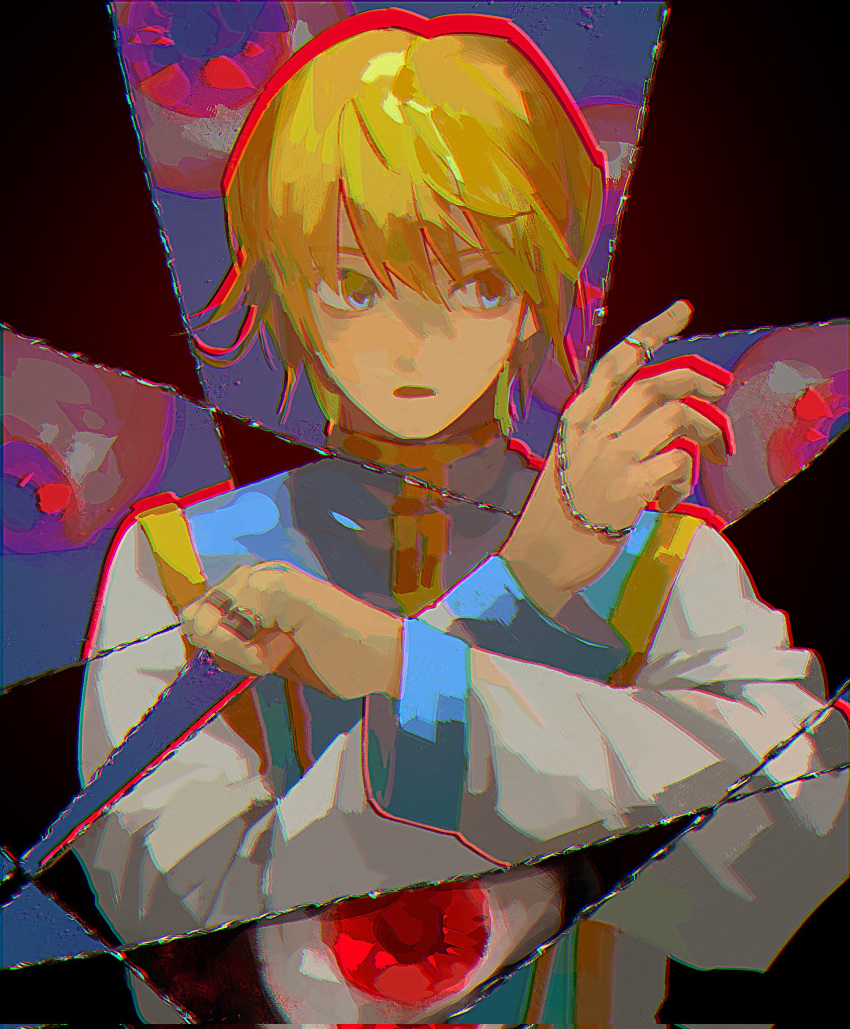 1boy abstract androgynous blonde_hair blue_tabard chain clenched_hand eyeball fighting_stance hands_up highres hun_bbokbbok hunter_x_hunter kurapika long_sleeves male_focus open_mouth sideways_glance solo tabard upper_body